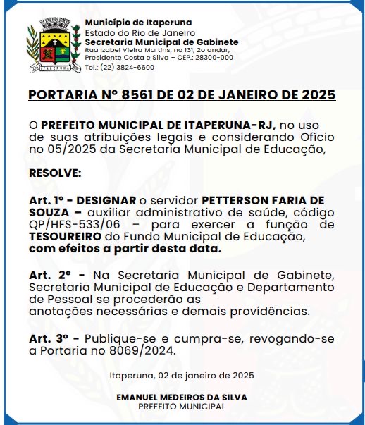 c846807f-81c2-4075-b001-3810292351ce Irmão do Secretário de Cultura é designado para cargo enquanto aprovados no Concurso Público de Itaperuna aguardam nomeação
