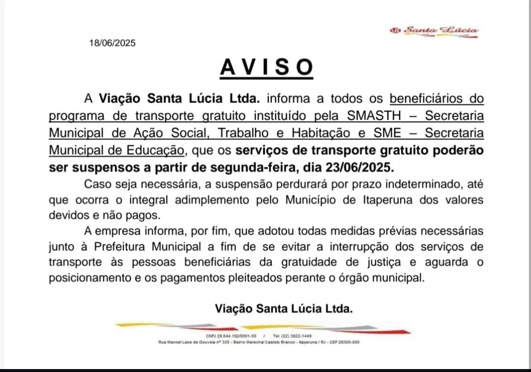 8e71d5d2-9a35-4fac-9b03-aa98d471b4c9 Transporte gratuito pode ser suspenso em Itaperuna a partir de segunda-feira (23), alerta empresa responsável pelo serviço